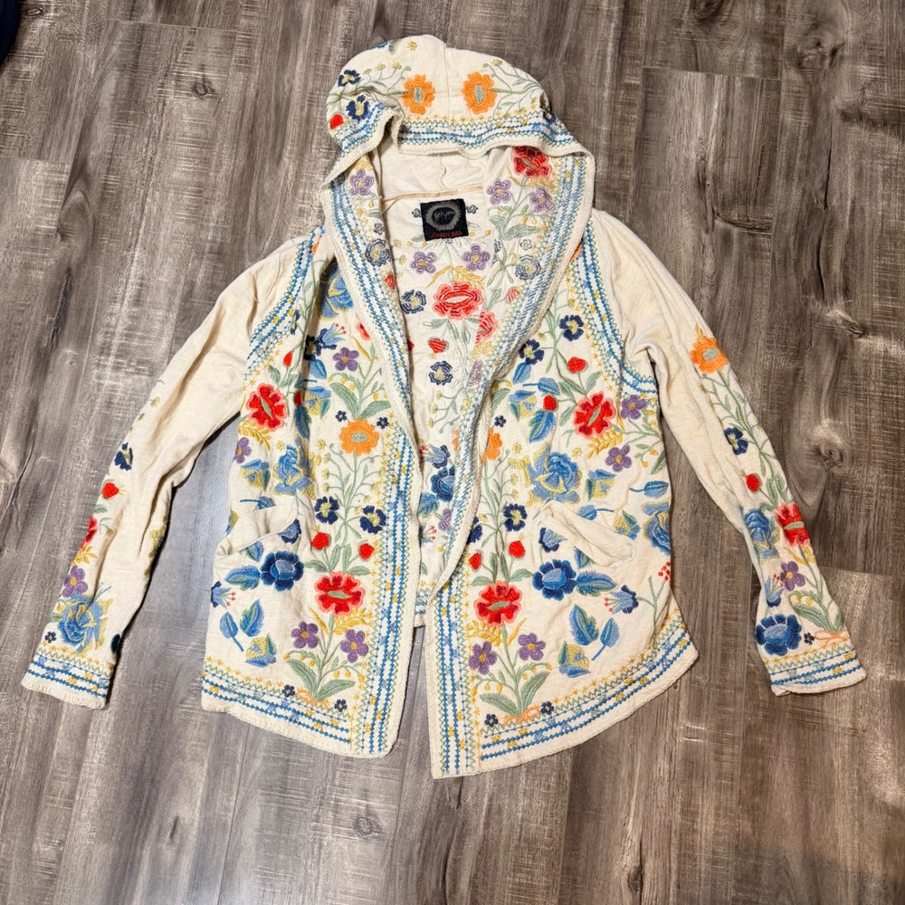 Johnny Was Biya Womens Floral Embroidered Hoodie Cardigan Cream Cotton Small S